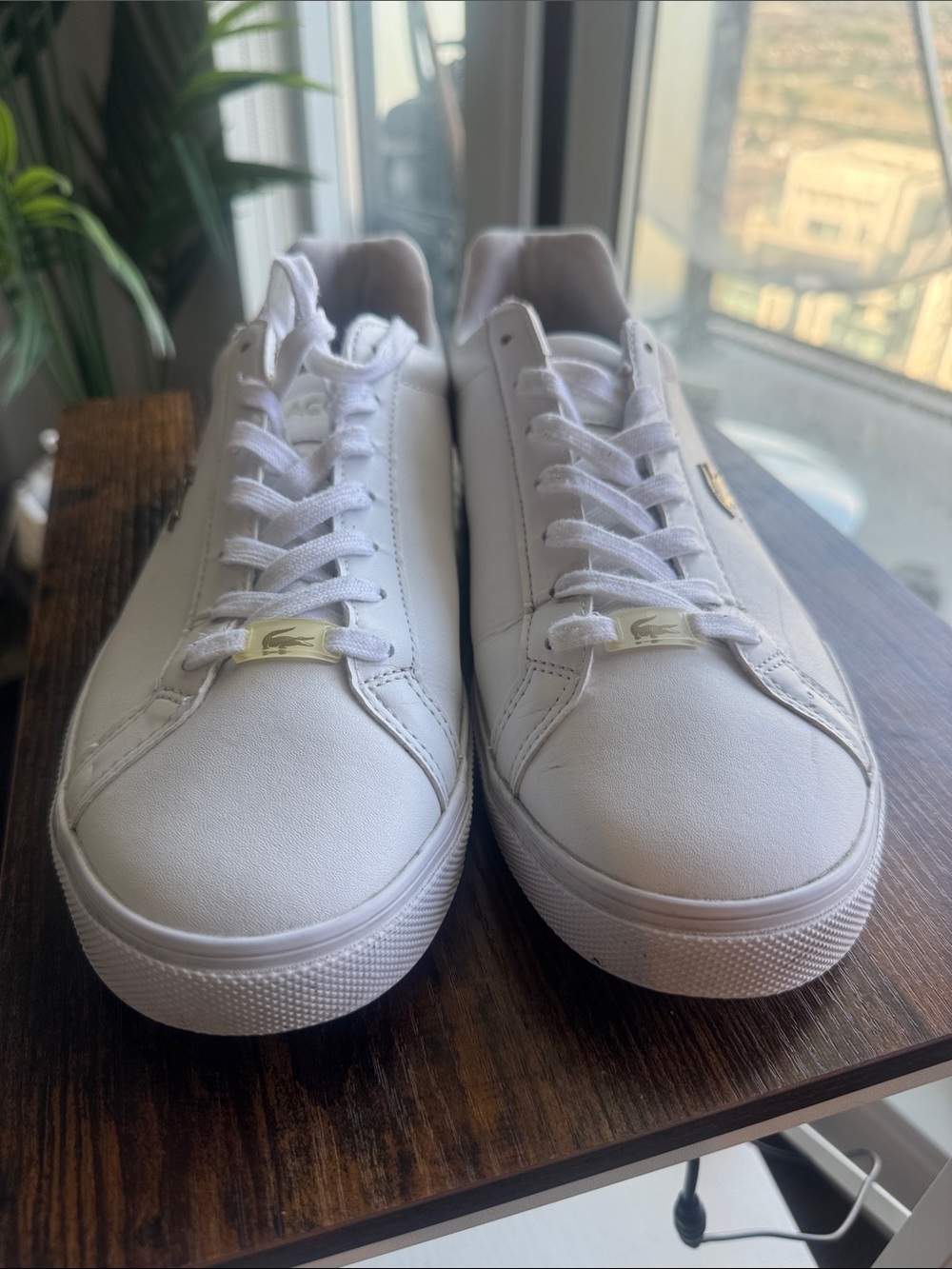 Lacoste White Low-Top Leather Sneakers with Gold Accents
